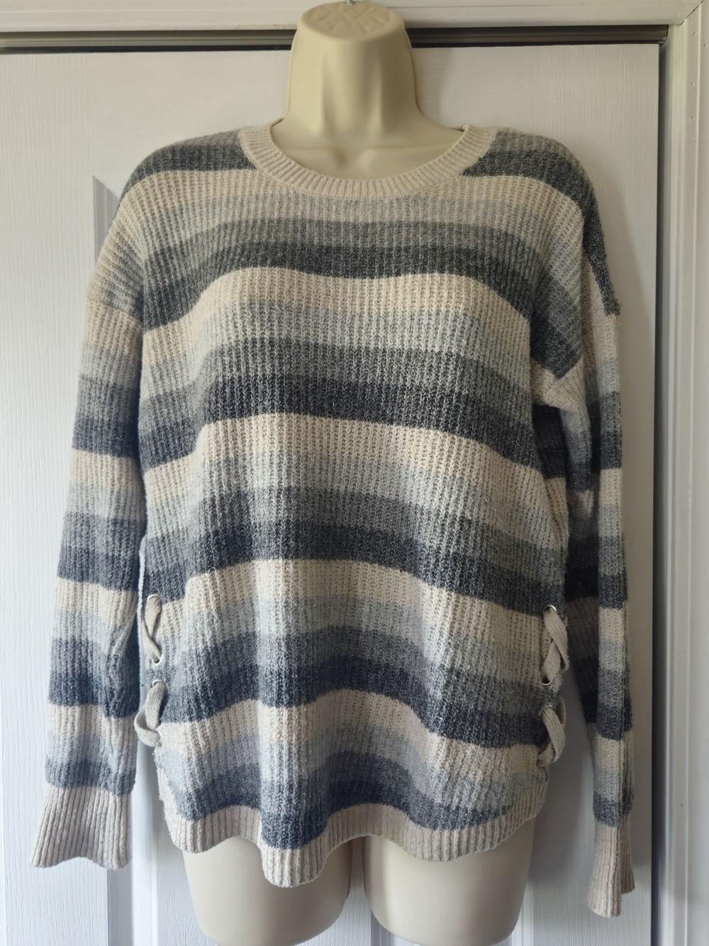 Pink Republic Striped Cream and Gray Scoop Neck Sweater